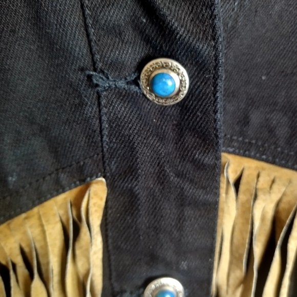 Morganwear Black Denim Western Fringe Festive Turquoise Buttoned Jacket Sz M - Picture 5 of 10
